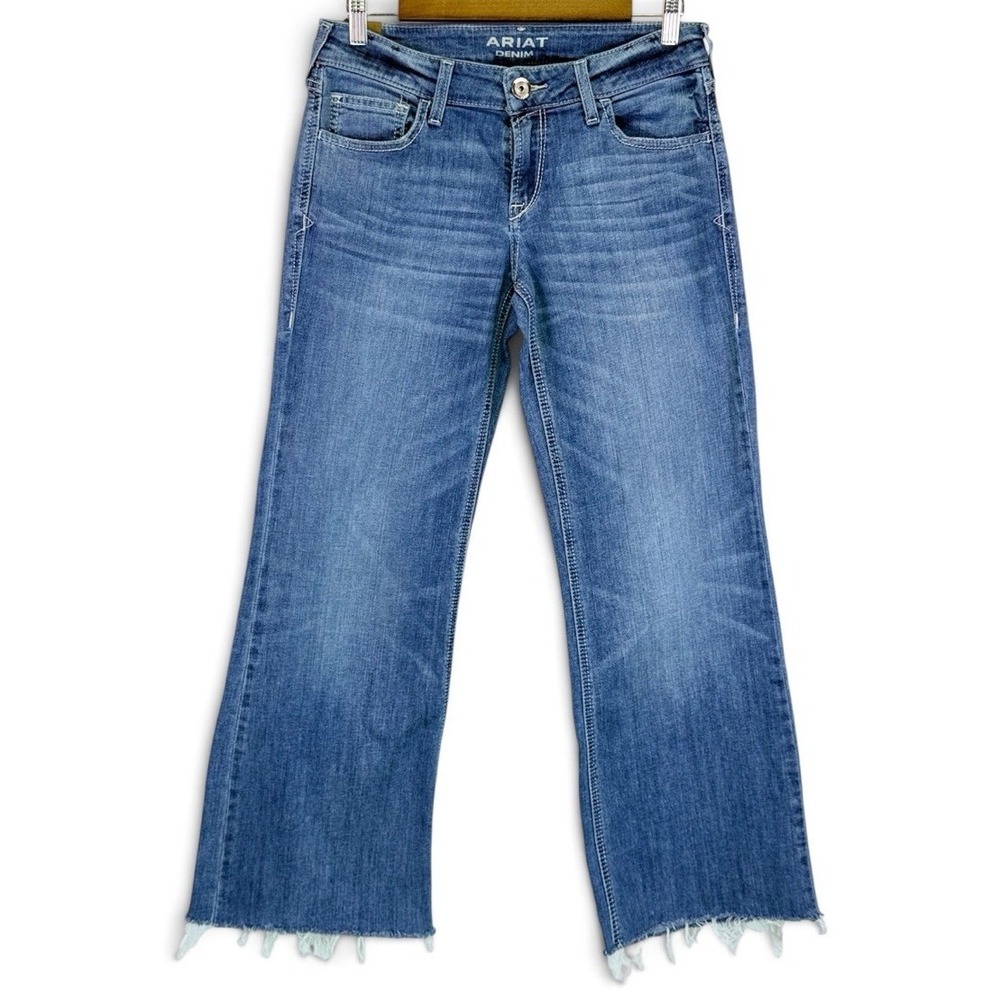 Ariat Denim Medium Wash Wide Leg Raw Hem Trouser Womens 29R Mid Rise Jeans